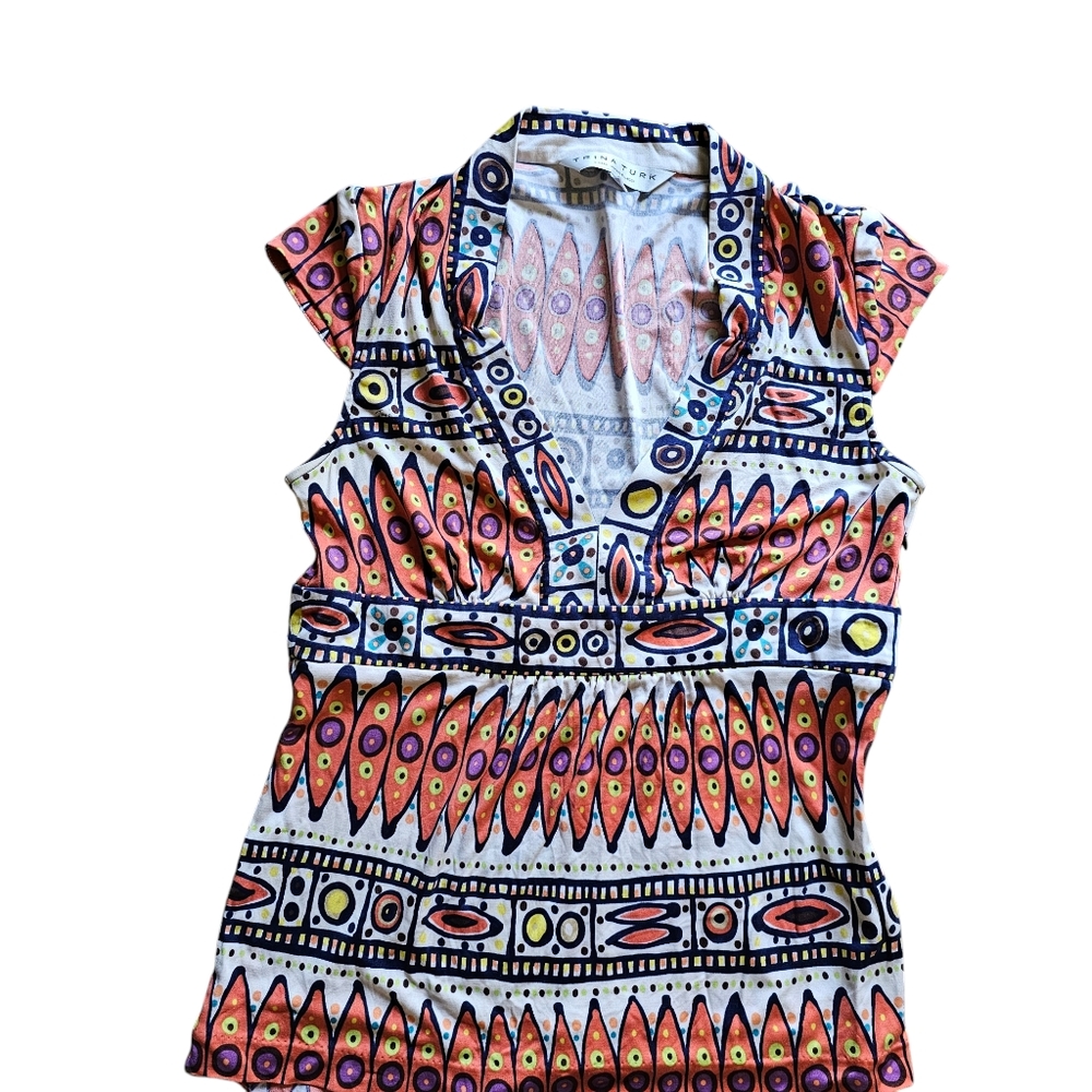 Boho Tribal Print Blouse Sleeveless V Neck Tunic Colorful Geometric Topโ Silk
